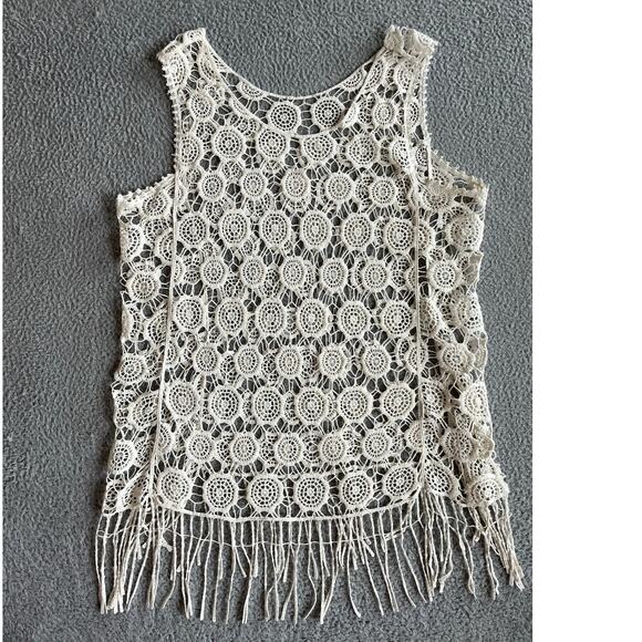 Unbranded Tops - Open Knit Crochet Tank Top Large Fringe Sleeveless Sheer Cream Boho Hippie Beach